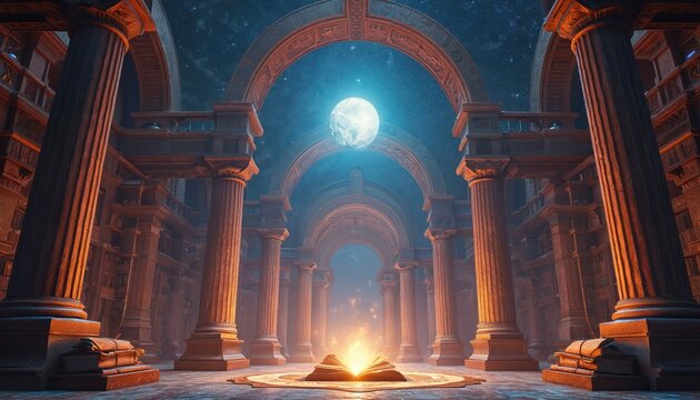 Ancient library interior with glowing open book. Grand hall features towering columns, celestial arches, and starry night sky visible above. Mysterious chamber filled with cosmic knowledge.