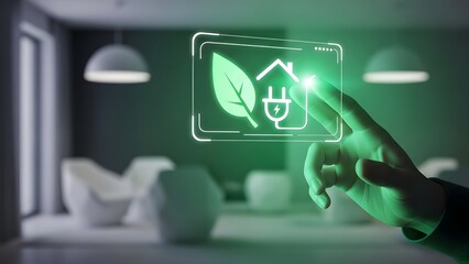 Digital interface displaying eco-friendly home technology and sustainability concepts on a touchscreen