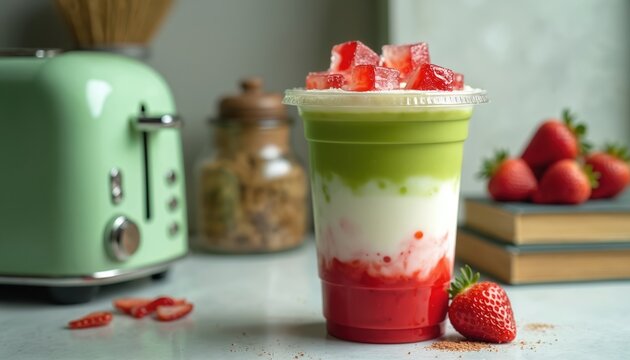 Creamy strawberry matcha latte in a clear plastic cup with fresh strawberries and ice cubes on top. A refreshing summer drink with layers of red and green colors perfect for cafes and take-away.