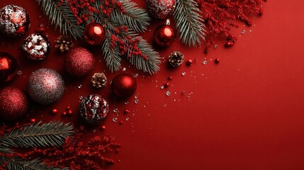 Red background with Christmas decorations including ornaments and pine branches