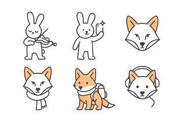 Fototapeta premium Cute animal characters in simple outline style with bunny and fox designs