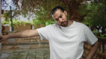 Man pointing finger to left with arms akimbo on street in a leafy courtyard, white t shirt visible; annoyance.