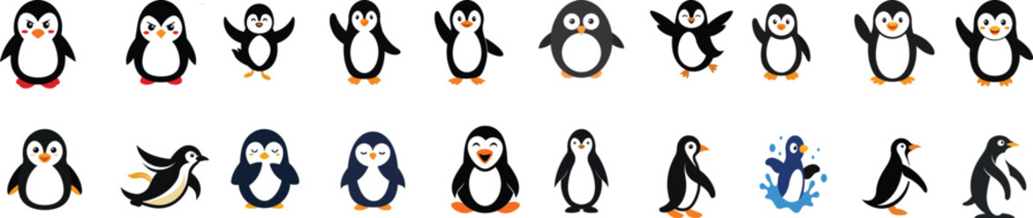 Naklejka premium Cute Penguin Animal and Arctic Wildlife Editable Stroke Line Icon Set Vector Illustration