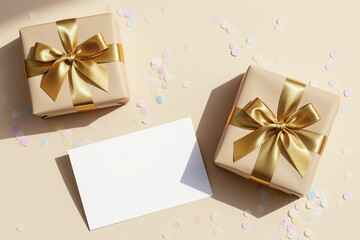 Minimal flat lay gifts with gold ribbons and pastel confetti