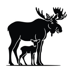 A majestic bull moose stands protectively over its young calf