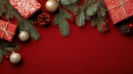 Red background with fir ornaments and holiday gifts