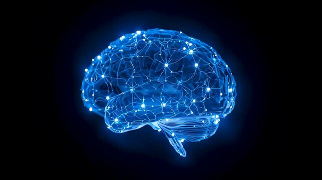 Glowing Blue Neural Network Brain Wireframe Connections Dots Lights Dark Background Anatomy