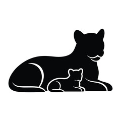 Silhouette of a mother lion with her cub resting peacefully