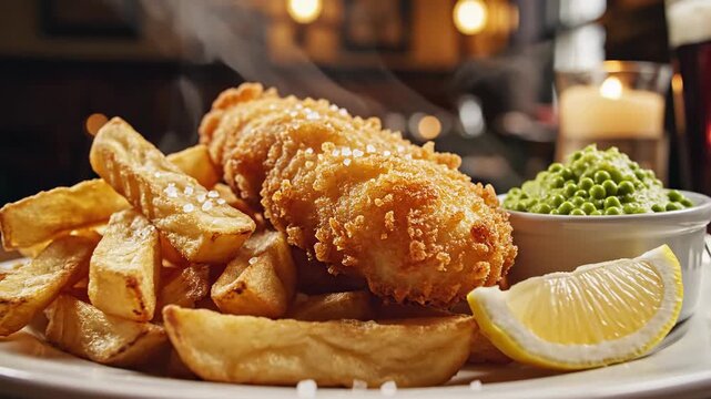 Traditional Fish and Chips with Peas and Lemon on Table