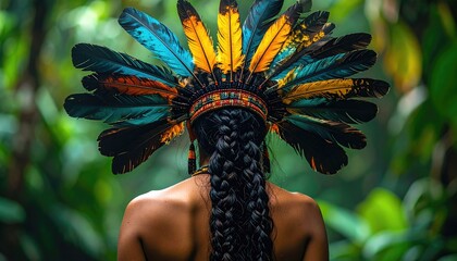 Woman Wearing Vibrant Feather Headdress in Lush Green Forest