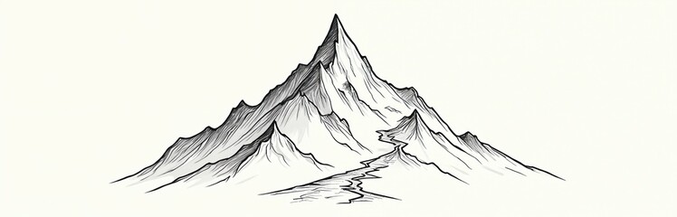 Fototapeta premium Sketch style illustration of snow capped mountain range with winding trail leading to summit. Monochrome line art depicts scenic mountain landscape with peaks and valleys against plain background.
