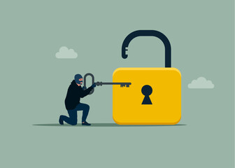 Unlock property accessibility. Criminal. Robber holding key to unlock the lock. Flat vector illustration