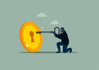 Robber holding golden key to unlock coin keyhole. Flat vector illustration