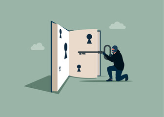 Different ways of interpreting a book. Theft book. Robber with key. Flat vector illustration.