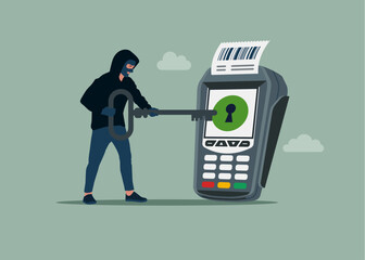 Theft. Terminal encryption. Robber with key and POS point of sale terminal for credit card payment. Flat vector illustration