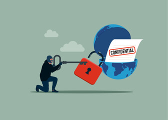 Locked with padlock globe. Robber with key open globe to see Confidential document. Flat vector illustration 