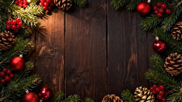 Cozy rustic Christmas still life with pine branches, red berries, pinecones and ornaments on a dark wooden surface creating a warm festive mood