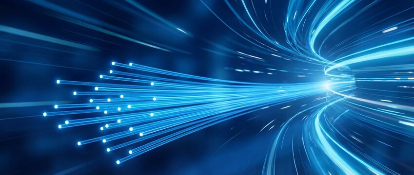 Futuristic Speed Internet Connection Blue Fiber Optic Light Connect Flow Panaromic Visual