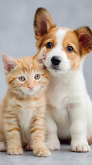 Obraz premium kitten and puppy together, friendly interaction, clean background, vertical portrait