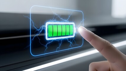 A human finger engages with a futuristic holographic display, activating a vividly illuminated battery icon showcasing rapid energy charging and advanced power technology