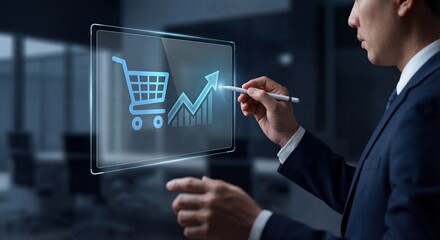 online marketing businessman touch cart analysis strategy digital hologram screen concept