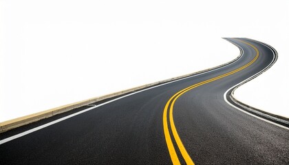 Obraz premium An Empty Winding Asphalt Road With Yellow Lane Dividers Against A White Backdrop