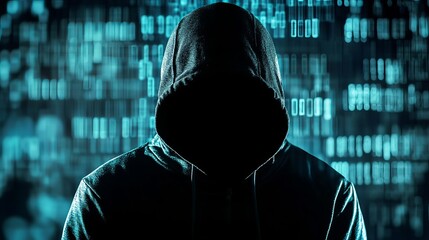 A mysterious hooded figure stands in front of a digital background of code and data