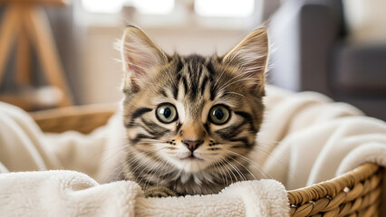 A beautiful young domestic kitten with soft fur and bright eyes sits for a portrait while resting on a gray couch and looking out from a cute basket