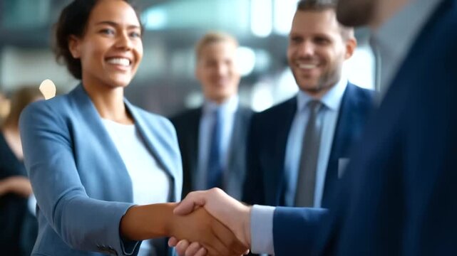 Handshake of business professionals at office gathering faceless young woman and man defocused meeting background professional agreement moment corporate greeting scene busine