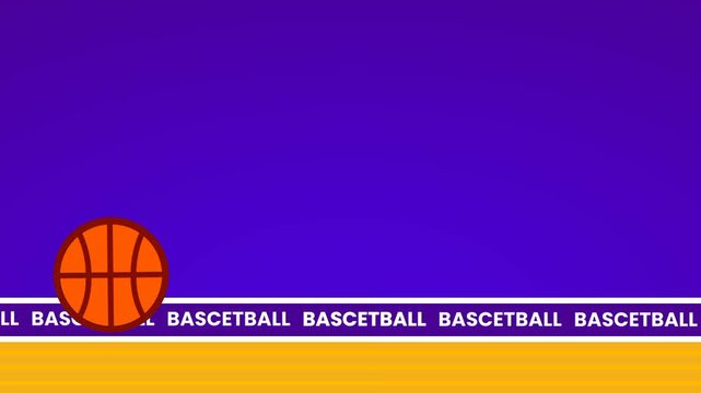 The basketball bounces along a yellow strip against a dark purple backdrop while the word basketball repeats continuously across the bottom surface