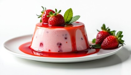 Pink strawberry pudding with fresh berries and mint on white plate. Red syrup drips down dessert sides. Close up of sweet berry treat for meal.