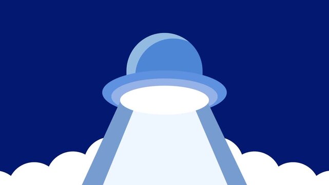 A blue unidentified flying object hovers in the center while projecting a bright white tractor beam downward onto a stylized white cloud on the ground