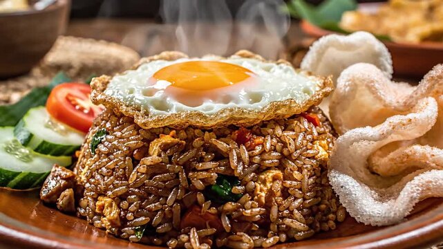 Indonesian Fried Rice with Fried Egg and Crackers