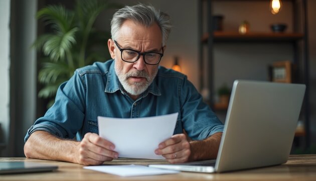 Worried older man wears glasses, reads bad news on paper. Frustrated businessman feels stress, examines bill or letter at desk. Laptop nearby shows financial trouble, job loss or debt.