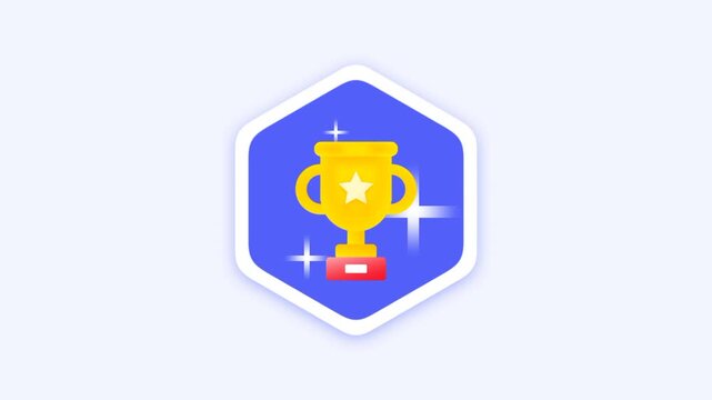 A blue hexagonal icon contains a small golden trophy with sparkling stars which represents a classic achievement or a successful milestone reached here