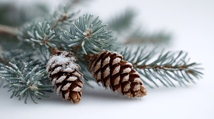 Fototapeta premium Snow-dusted spruce branches and fir cones on a white background