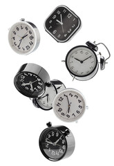 Beautifully retouched different alarm clocks forming figure looks  like a loop in space. Isolated on white