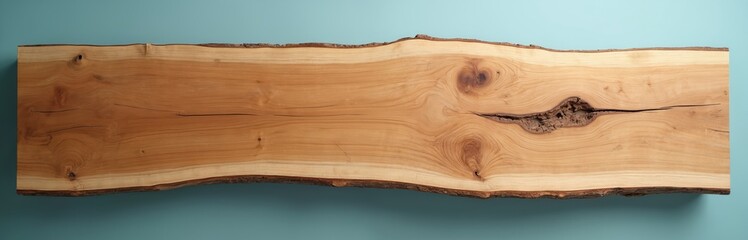 Natural live edge slab of light brown wood with visible grain patterns and bark. Clean light blue background accentuates organic texture. Ready for use as tabletop or furniture element.