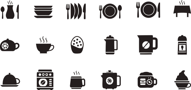 A set of 20 black kitchen and household icons on a white background