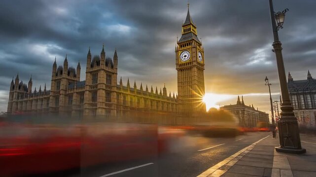 Timelapse The iconic Big Ben clock tower and the Houses of Parliament stand tall against a dramatic sunset in London.