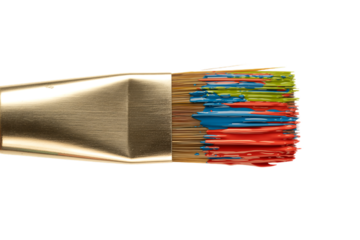 Paintbrush with vibrant colorful paint in a bright close-up macro shot on white for artistic creation and design.