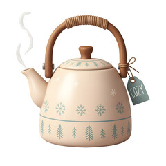 Vintage style ceramic teapot with floral pattern and wicker handle