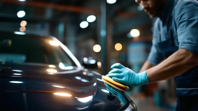 Vehicle detailing service with gloved hand buffing sleek surface faceless technician defocused automobile background polishing activity using rotary tool professional shine