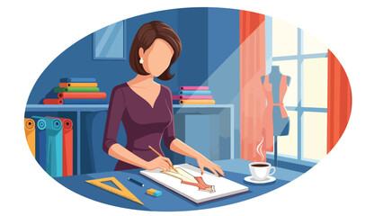 Modern flat vector illustration of fashion designer sketching clothing ideas in fashion studio, ideal for fashion design and creative industry visuals
