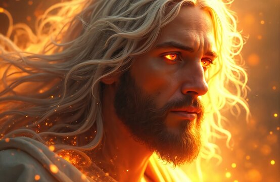Man with long white hair and flaming eyes appears divine. Bright golden light surrounds him. He has a beard and intense gaze. This is an artistic interpretation of a religious figure.