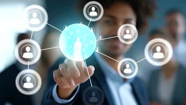 Talent acquisition specialist managing diverse skill database using advanced software faceless HR professional defocused recruitment background marketing sector candidates work