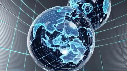 Futuristic digital globe animation with rotating 3d blue digital map concept of technology, global connectivity, and innovative digital world visualization - Powered by Adobe