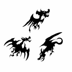 Dragon silhouette vector set featuring aggressive fantasy monster heads with sharp claws and wings, dark gothic style for tattoos, logos, apparel, and game design
