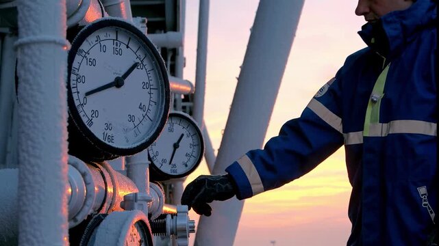 Engineer inspecting frost-covered gauges on offshore oil rig at sunset. concept of safety, maintenance work, industrial engineering