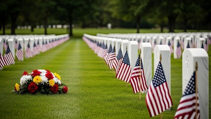 Rows of White Headstones and American Flags at a Cemetery